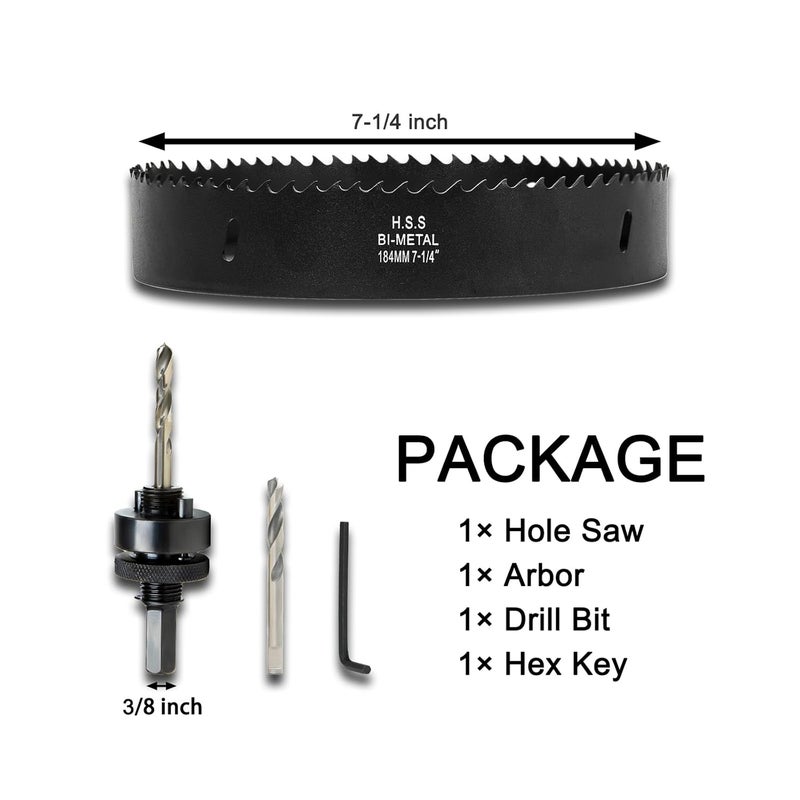 VIKITON 7-1/4 Inch Hole Saw with Arbor for Wood Metal Plastic, 7.25 in Bimetal Hole Cutter, Fast Chip Removal, Smooth Flat Drilling Edge, Lightweight & Portable (Black) - Image 3